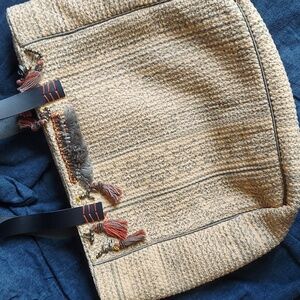 Large Tasselled Shoulder Bag - Made in India - cotton w/leather straps